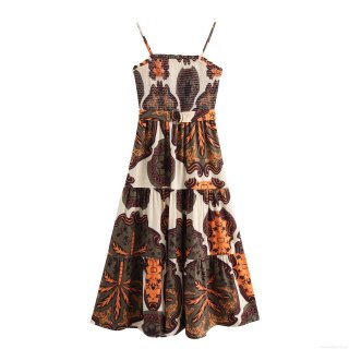 Women Boho Floral Print Maxi Dress Polyester Sleeveless Smocked Cami Dress with Belt Ethnic Resort Beach Tiered Long Dress For Women Summer Casual Party
