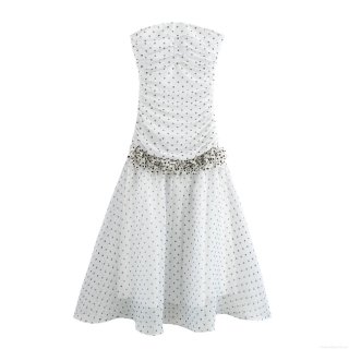 Elegant Retro Women's Polka Dot Strapless Maxi Dress Sexy Bodycon Mesh Ruffled Party Dress White Black Dot Summer Evening Long Dress