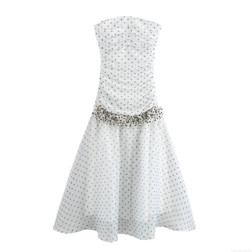 Elegant Retro Women's Polka Dot Strapless Maxi Dress Sexy Bodycon Mesh Ruffled Party Dress White Black Dot Summer Evening Long Dress