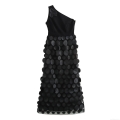 Women's Sexy One Shoulder Maxi Dress Elegant 3D Flower Mesh Applique Evening Party Long Dress Solid Black Sleeveless Banquet Gown