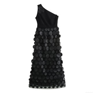 Women's Sexy One Shoulder Maxi Dress Elegant 3D Flower Mesh Applique Evening Party Long Dress Solid Black Sleeveless Banquet Gown