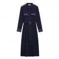Women Elegant Workwear Style Shirt Dress Long Sleeve Satin Patchwork Lapel Button Down Belted Maxi Dress Solid Dark Blue Office Lady Outfits
