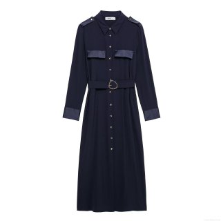 Women Elegant Workwear Style Shirt Dress Long Sleeve Satin Patchwork Lapel Button Down Belted Maxi Dress Solid Dark Blue Office Lady Outfits