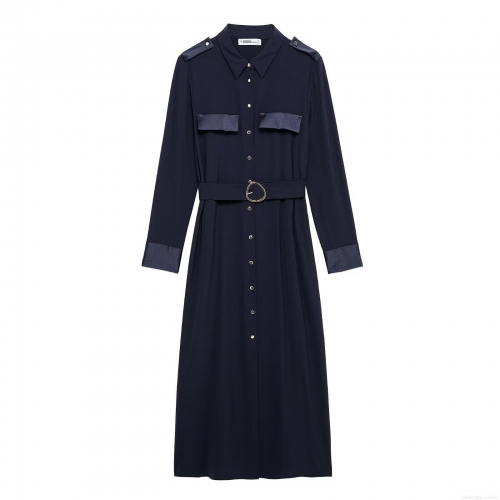 Women Elegant Workwear Style Shirt Dress Long Sleeve Satin Patchwork Lapel Button Down Belted Maxi Dress Solid Dark Blue Office Lady Outfits