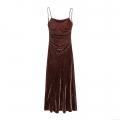 Women's Sexy Backless Velvet Pleated Camisole Dress Slim Fit Spaghetti Strap Long Maxi Bodycon Dresses For Party Club Evening