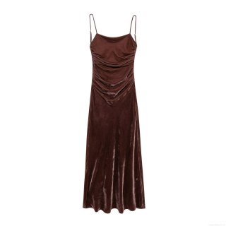 Women's Sexy Backless Velvet Pleated Camisole Dress Slim Fit Spaghetti Strap Long Maxi Bodycon Dresses For Party Club Evening