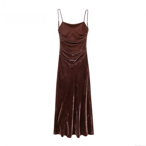 Women's Sexy Backless Velvet Pleated Camisole Dress Slim Fit Spaghetti Strap Long Maxi Bodycon Dresses For Party Club Evening