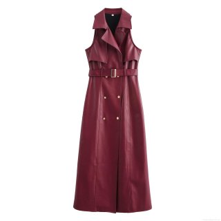 Women's Moto Style PU Leather Sleeveless Maxi Dress Suit Collar High Waist Slim Fit Dress With Belt Double Breasted Streetwear Party Long Dress
