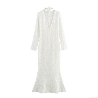 Elegant White Lace Mermaid Maxi Dress With Flower Choker V Neck Long Sleeve Slim Fit Bodycon Evening Gown For Women Wedding Party Prom
