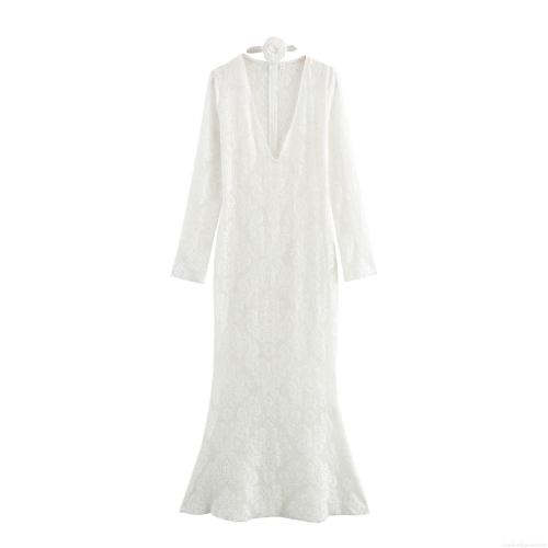 Elegant White Lace Mermaid Maxi Dress With Flower Choker V Neck Long Sleeve Slim Fit Bodycon Evening Gown For Women Wedding Party Prom