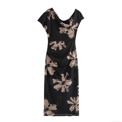 Women Sexy One Shoulder Mesh Floral Maxi Dress Elegant Ruched Bodycon Hip Wrap Party Club Evening Long Dress Floral Print Mesh Dress