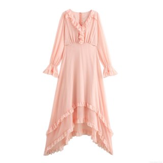 Elegant French Ruffle Dress Women V-Neck Flare Long Sleeve High Waist Solid Pink Polyester Chiffon Maxi Dress For Vacation Party Daily