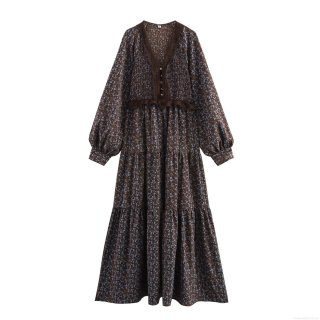 French Pastoral Floral V-Neck Long Sleeve Chiffon Maxi Dress For Women Elegant Smocking Tiered Ruffle Dress For Vacation Dating