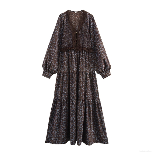 French Pastoral Floral V-Neck Long Sleeve Chiffon Maxi Dress For Women Elegant Smocking Tiered Ruffle Dress For Vacation Dating