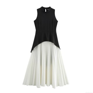 Elegant Patchwork Maxi Dress For Women Sleeveless V-Neck Pleated Fake Two-Piece Long Dress French Retro Style High Waist Polyester Gown For Party Daily Evening Vacation