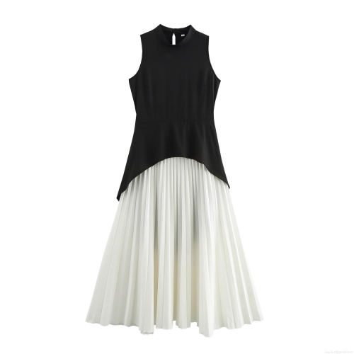 Elegant Patchwork Maxi Dress For Women Sleeveless V-Neck Pleated Fake Two-Piece Long Dress French Retro Style High Waist Polyester Gown For Party Daily Evening Vacation