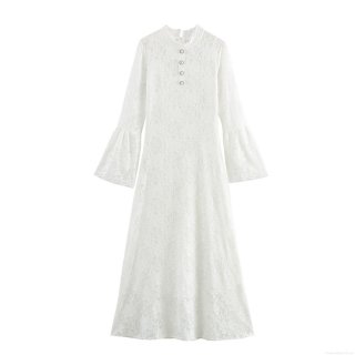 Elegant Women's White Floral Lace Maxi Dress High Waist Slim Fit Flare Long Sleeve Evening Party Wedding Guest Long Skirt With Pearl Buttons