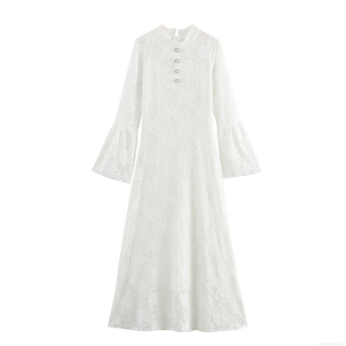 Elegant Women's White Floral Lace Maxi Dress High Waist Slim Fit Flare Long Sleeve Evening Party Wedding Guest Long Skirt With Pearl Buttons