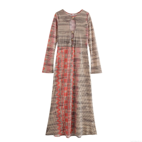 Women Sexy Long Sleeve Maxi Dress Mesh Polyester Hollow Out Keyhole Round Neck Striped Geometric Print Bodycon Slim Fit Party Clubwear Dress