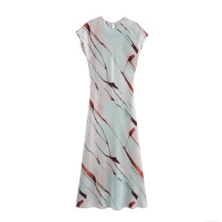 Elegant Satin Abstract Marble Print Maxi Dress Sleeveless Round Neck High Waist Slim Long Dress for Women Evening Party Daily Fashion