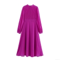 Women's Elegant Pleated Mock Neck Long Sleeve Maxi Dress Solid Color High Waist A-Line Polyester Chiffon Textured Dress for Party Evening Casual