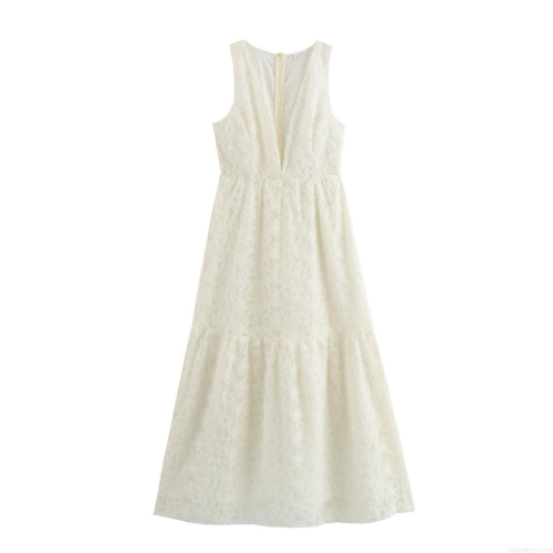 Elegant French Deep V Neck Sleeveless Lace Maxi Dress With Polyester Lining Back Zipper A-Line Long Party Dress For Women Wedding Guest Evening Event