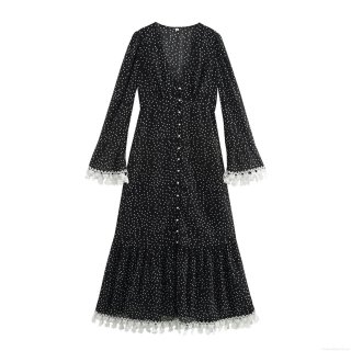 Women's French Elegant Polka Dot V-Neck Maxi Dress With Lace Trim And Pearl Buttons Long Sleeve Polyester Vintage Slim Fit Dress For Ladies