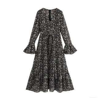 French Elegant Deep V-Neck Floral Maxi Dress Women's Retro Long Sleeve Flared Cuff High Waist Ruffle Hem Party A-Line Long Dresses