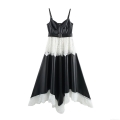 Women's Street Style PU Leather Lace Patchwork Spaghetti Strap Maxi Dress With Belt Irregular Hem Sexy Sleeveless Party Evening Gown