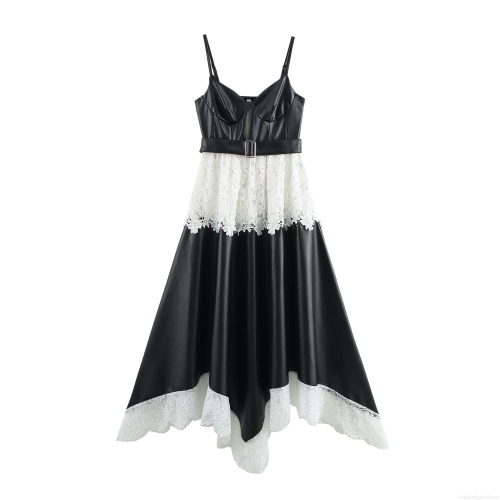 Women's Street Style PU Leather Lace Patchwork Spaghetti Strap Maxi Dress With Belt Irregular Hem Sexy Sleeveless Party Evening Gown