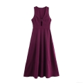 Women's Elegant V-Neck Sleeveless Maxi Dress Polyester Woven Fabric With Metal Buckle Hollow Out High Waist Rouge Purple Commuter Party Long Dress