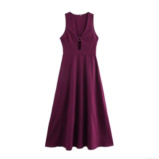 Women's Elegant V-Neck Sleeveless Maxi Dress Polyester Woven Fabric With Metal Buckle Hollow Out High Waist Rouge Purple Commuter Party Long Dress