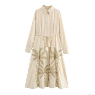 Women's Resort Style Embroidered Maxi Dress With Tassel Belt Shirt Collar Long Sleeve Palm Tree Pattern Elegant Loose A-Line Long Shirt Dress For Vacation Daily Wear