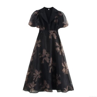 French Style Organza Floral Print Maxi Dress Puff Short Sleeve Shirt Collar Elegant High Waist Button Front A-Line Long Dress For Women Fashion