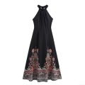 Women Vintage Paisley Floral Print Halter Neck Maxi Dress Sleeveless Backless High Waist Polyester Long Dress For Summer Beach Vacation Party