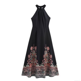 Women Vintage Paisley Floral Print Halter Neck Maxi Dress Sleeveless Backless High Waist Polyester Long Dress For Summer Beach Vacation Party