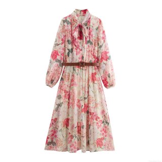 Women Elegant Pink Floral Chiffon Maxi Dress With Belt Square Neck Long Sleeve Bow Tie High Waist Spring Summer Party Vacation Floral Dress