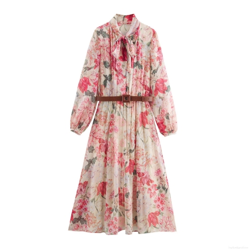Women Elegant Pink Floral Chiffon Maxi Dress With Belt Square Neck Long Sleeve Bow Tie High Waist Spring Summer Party Vacation Floral Dress