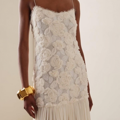 Women's 3D Rose Flower Applique Lace Camisole Dress Elegant Pleated Maxi Chiffon Evening Gown Sweet Sleeveless Wedding Party Prom Dress