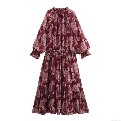 Elegant Bohemian Paisley Maxi Dress Metallic Thread Long Sleeve Tiered Ruffle Long Dress Women Ethnic Retro High Waist Lantern Sleeve Flowy Dress