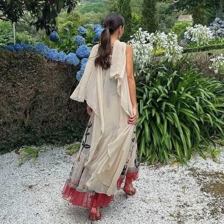 Women's Bohemian Ethnic Embroidery Sling Maxi Dress Summer Vacation Mesh Patchwork Beach Long Dress With Shawl Elegant Beige Floral Printed Vestidos