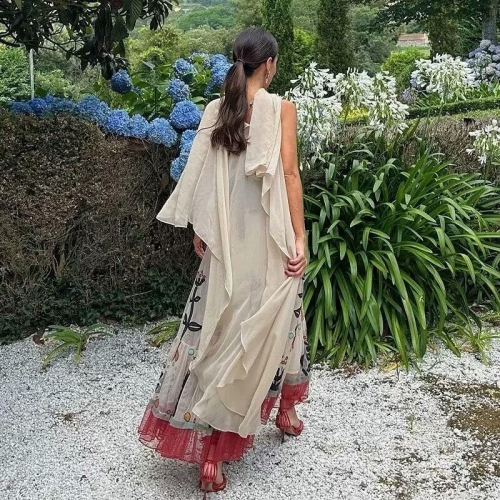 Women's Bohemian Ethnic Embroidery Sling Maxi Dress Summer Vacation Mesh Patchwork Beach Long Dress With Shawl Elegant Beige Floral Printed Vestidos