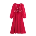 Sweet Polka Dot V Neck Long Sleeve Dress With Bow Tie And Pearl Trim Red Chiffon A-Line Maxi Dress For Women Party Daily Wear