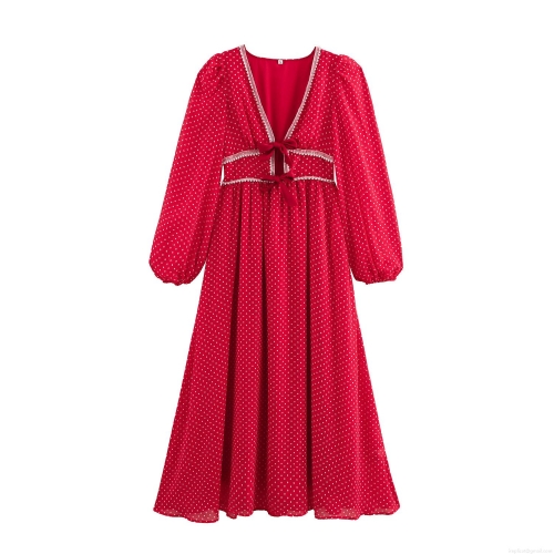 Sweet Polka Dot V Neck Long Sleeve Dress With Bow Tie And Pearl Trim Red Chiffon A-Line Maxi Dress For Women Party Daily Wear