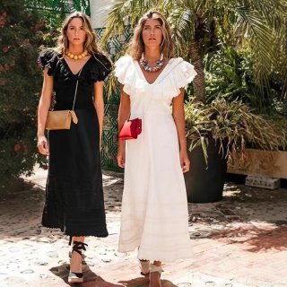 Women's V-Neck Maxi Dress With Flutter Sleeve Rickrack Trim Elegant Vacation Solid Color High Waist Tiered Long Dress For Ladies Summer Beach Party