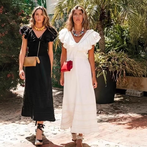 Women's V-Neck Maxi Dress With Flutter Sleeve Rickrack Trim Elegant Vacation Solid Color High Waist Tiered Long Dress For Ladies Summer Beach Party