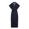 Women's Retro V-Neck Short Sleeve Denim Shirt Dress Elegant High Waist Ruched Single Breasted Maxi Dress Summer Western Style Solid Navy Blue Long Robe