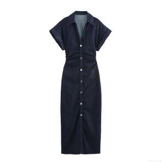 Women's Retro V-Neck Short Sleeve Denim Shirt Dress Elegant High Waist Ruched Single Breasted Maxi Dress Summer Western Style Solid Navy Blue Long Robe