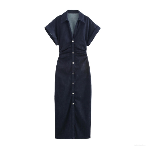 Women's Retro V-Neck Short Sleeve Denim Shirt Dress Elegant High Waist Ruched Single Breasted Maxi Dress Summer Western Style Solid Navy Blue Long Robe