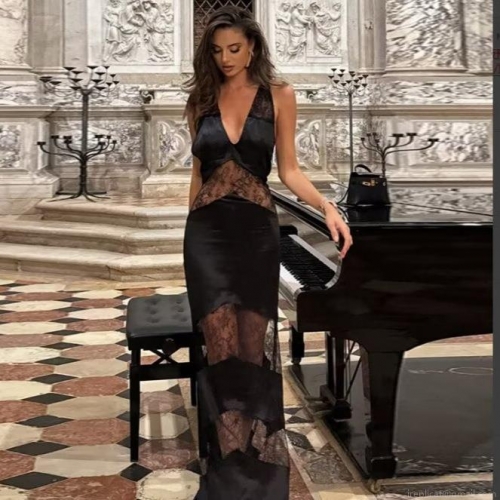 Sexy Halter Lace Patchwork Backless Tie-up Slim Maxi Dress Elegant Sleeveless 100% Polyester Long Bodycon Dress for Women Summer Party Banquet Vacation